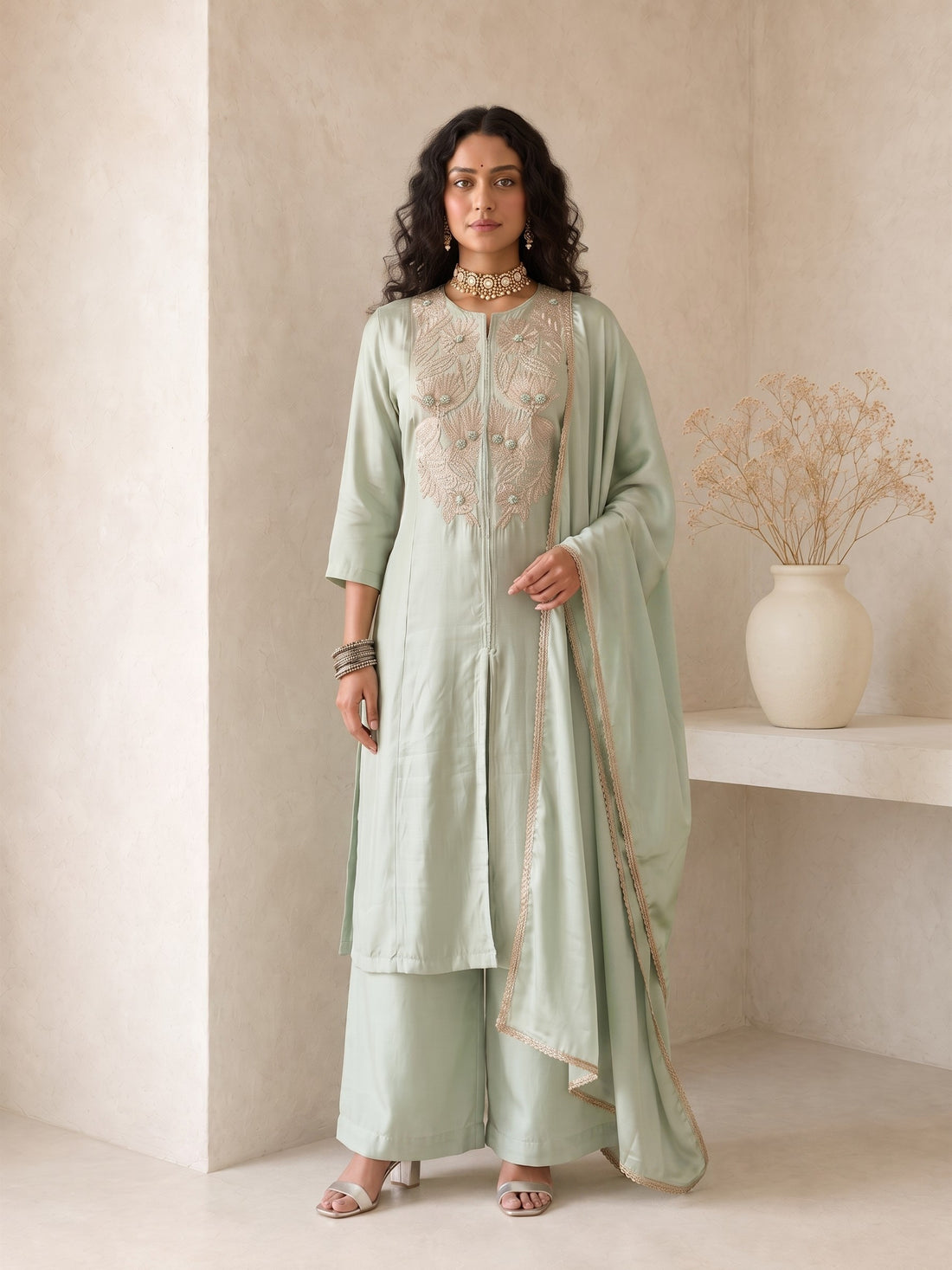 Roselle Sage Silk Anarkali Suit Set