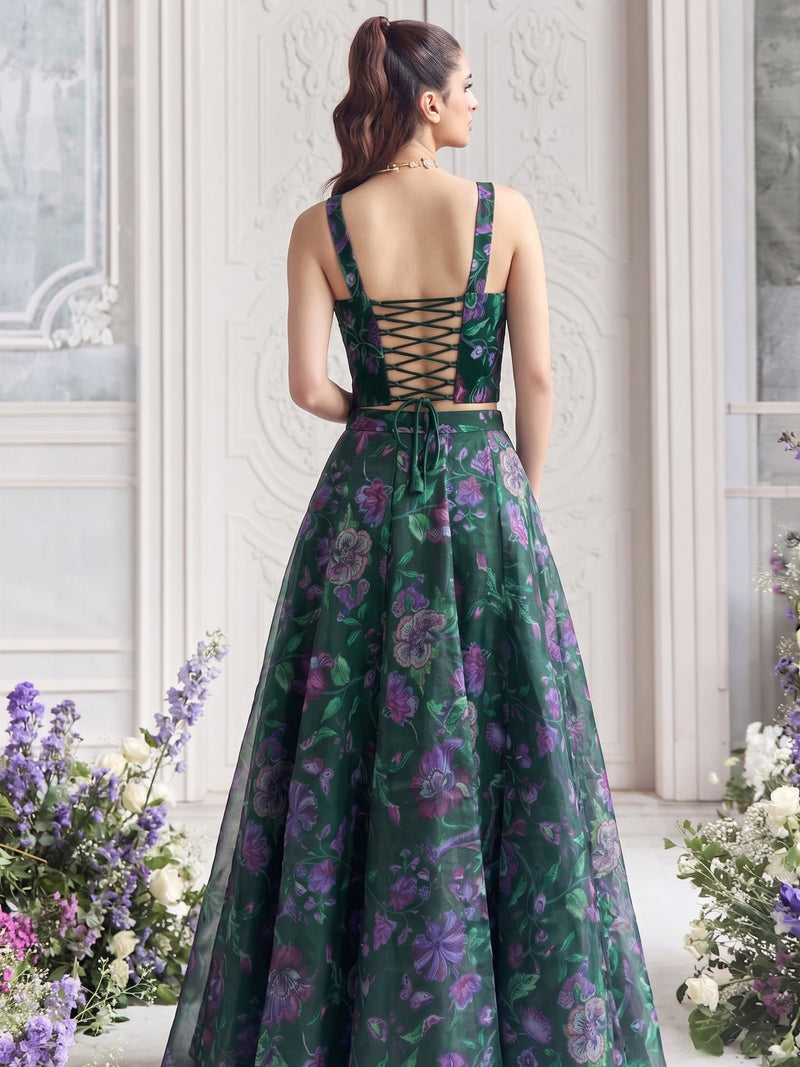 Back lace-up designer printed lehenga with full flared Tabby Organza skirt
