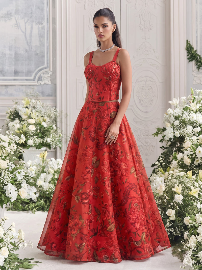 Side profile of the Floréa Scarlet Red printed designer lehenga highlighting the graceful flare and premium floral Tabby Organza fabric.