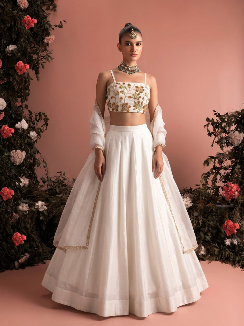 Liora ivory embroidered lehenga set with beaded crop blouse, flowing skirt and sheer dupatta