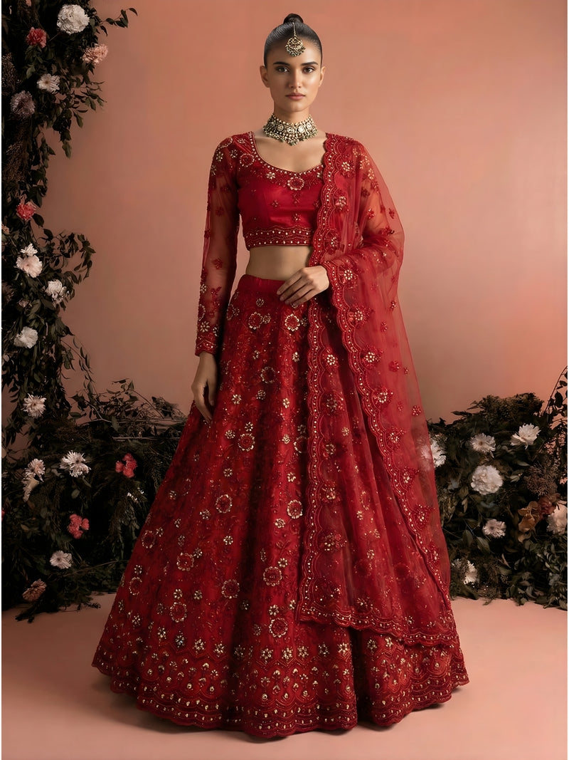Red Color Heavy Embroidered Net Lehenga Choli With Dupatta