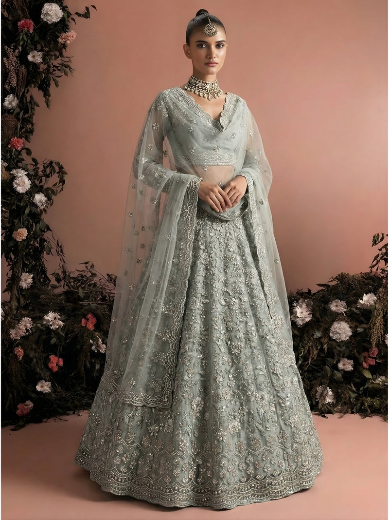 Ice Blue Color Heavy Embroidered Net Lehenga Choli With Dupatta