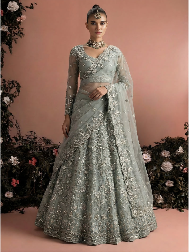 Ice Blue Color Heavy Embroidered Net Lehenga Choli With Dupatta