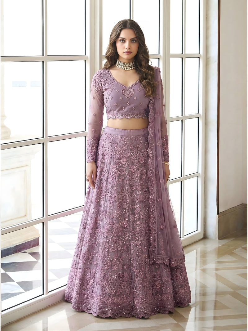 Purple Color Heavy Embroidered Net Lehenga Choli With Dupatta
