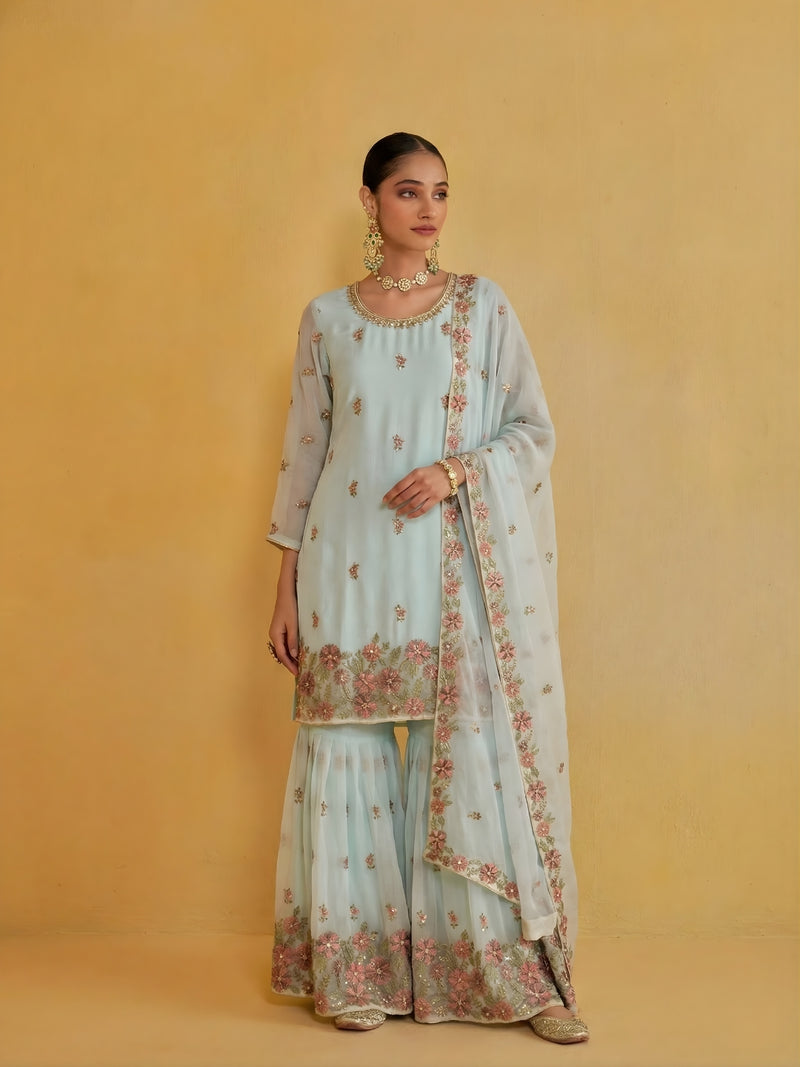 Powder Blue Embroidered Sharara Set