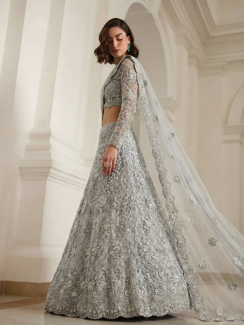 Grey Color Heavy Embroidered Net Lehenga Choli With Dupatta