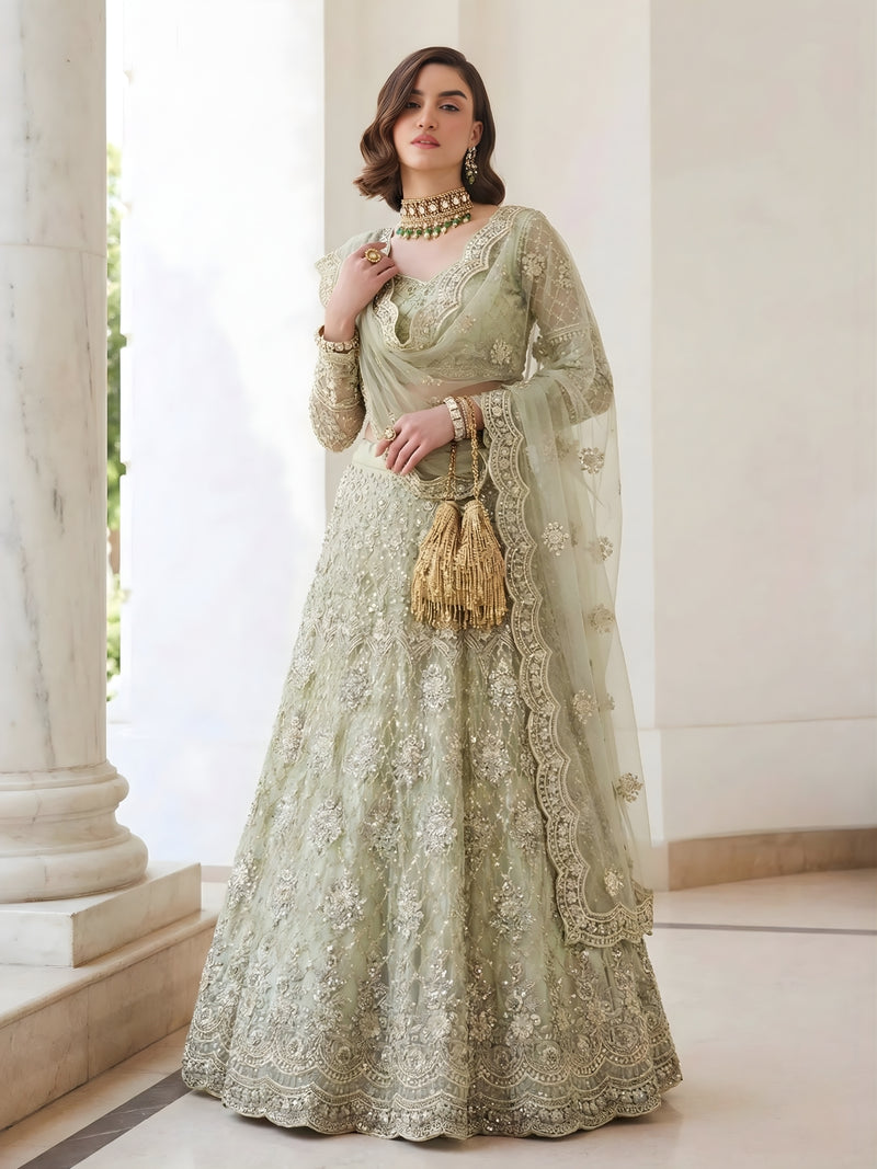 Pista Green Color Heavy Embroidered Net Lehenga Choli With Dupatta