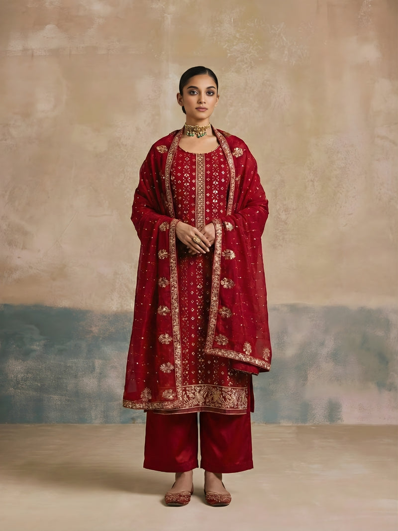 Royal Wine Embroidered Georgette Palazzo Suit Set