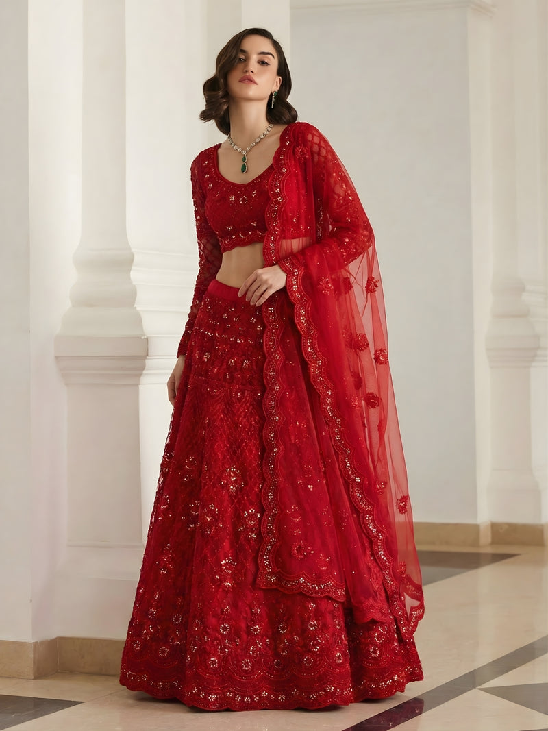 Red Color Heavy Embroidered Net Lehenga Choli With Dupatta