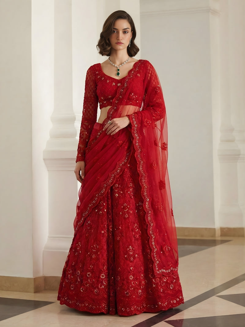 Red Color Heavy Embroidered Net Lehenga Choli With Dupatta