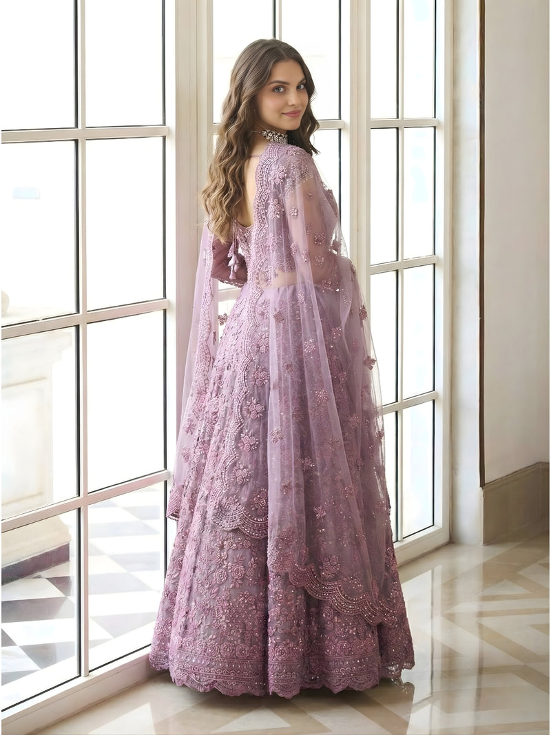 Purple Color Heavy Embroidered Net Lehenga Choli With Dupatta