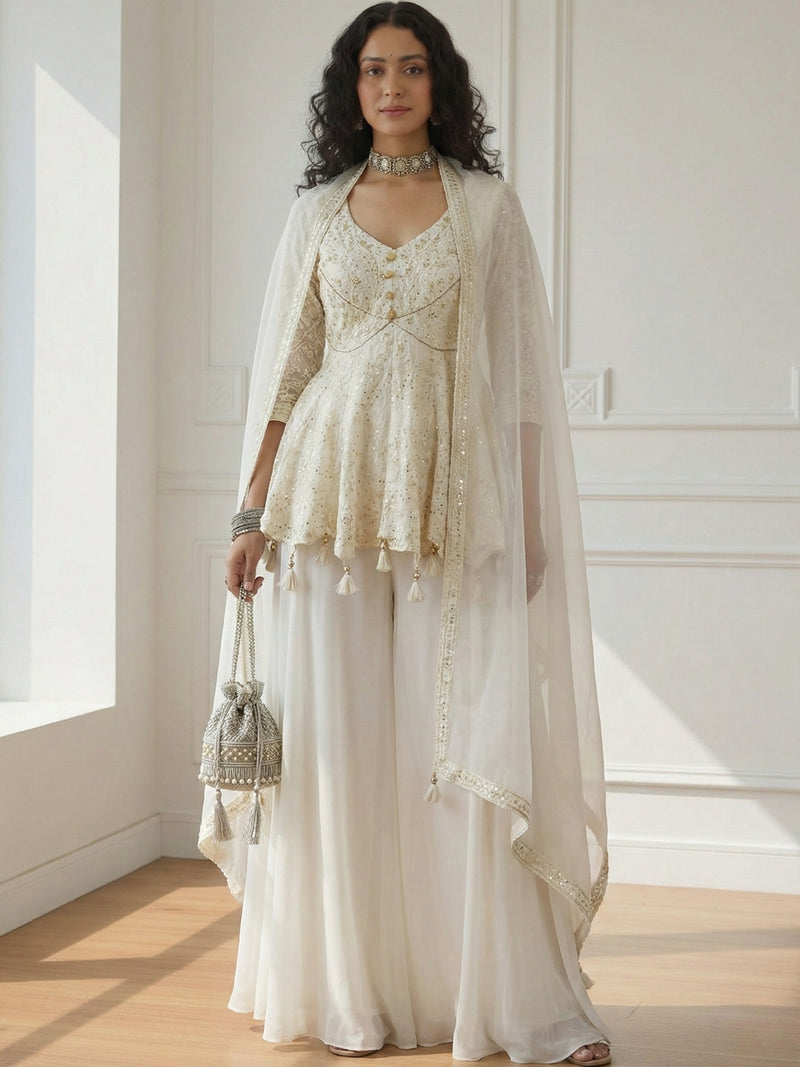 Off White Lucknowi Embroidered georgette Sharara Set