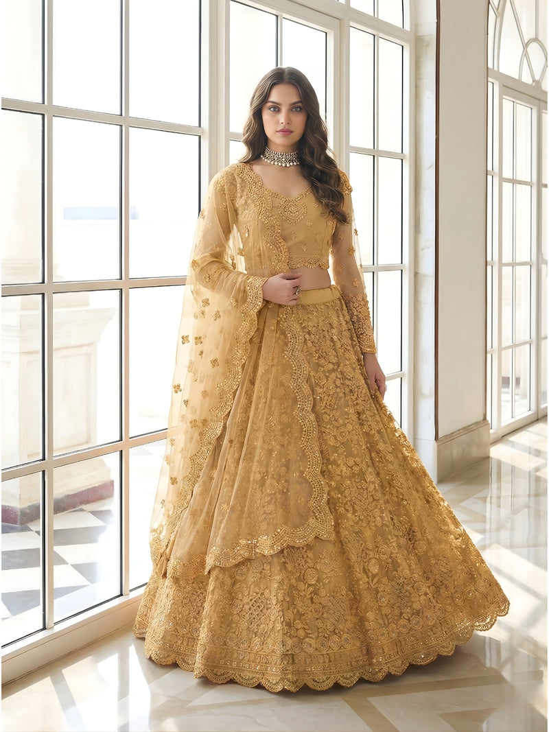 Golden Color Heavy Embroidered Net Lehenga Choli With Dupatta