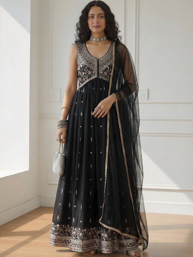 Black Multi Thread Embroidered Long Alia Cut Dress