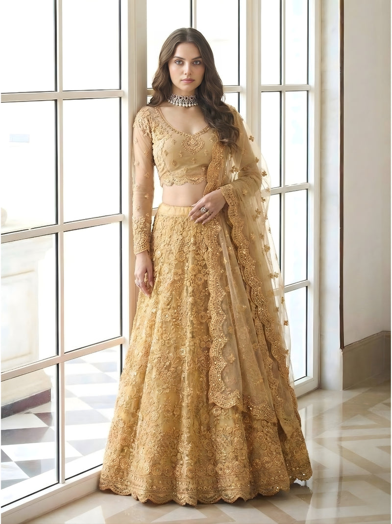Golden Color Heavy Embroidered Net Lehenga Choli With Dupatta