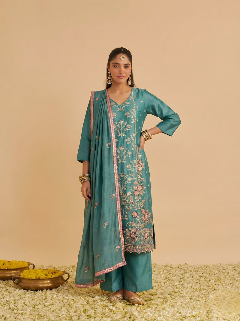 Zariya Teal Shimmer Silk Suit Set