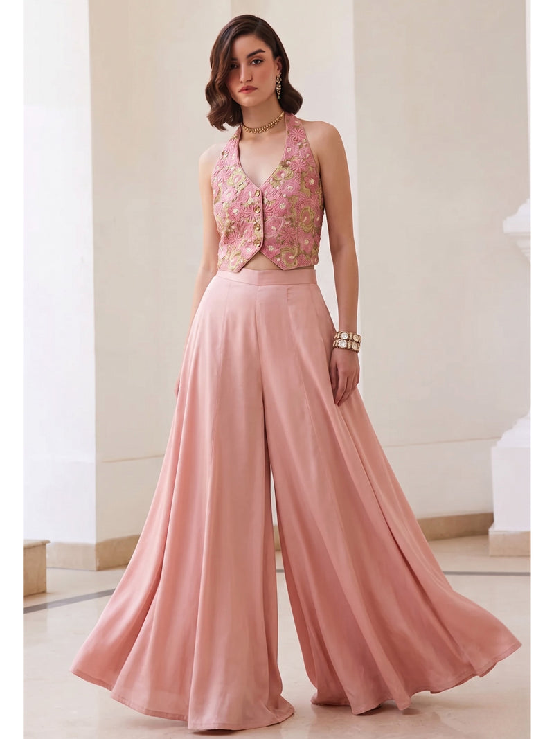 Embroidered halter neck palazzo set with flowy pants