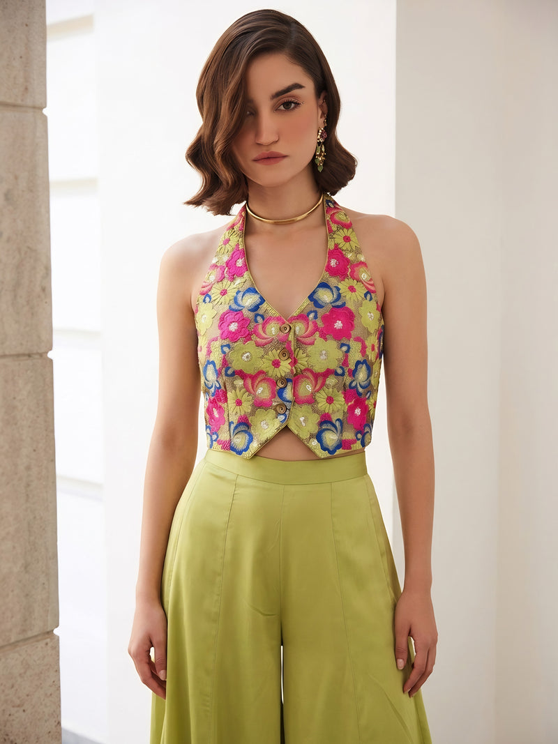 Olive Bloom Silk Palazzo Co-Ord Set