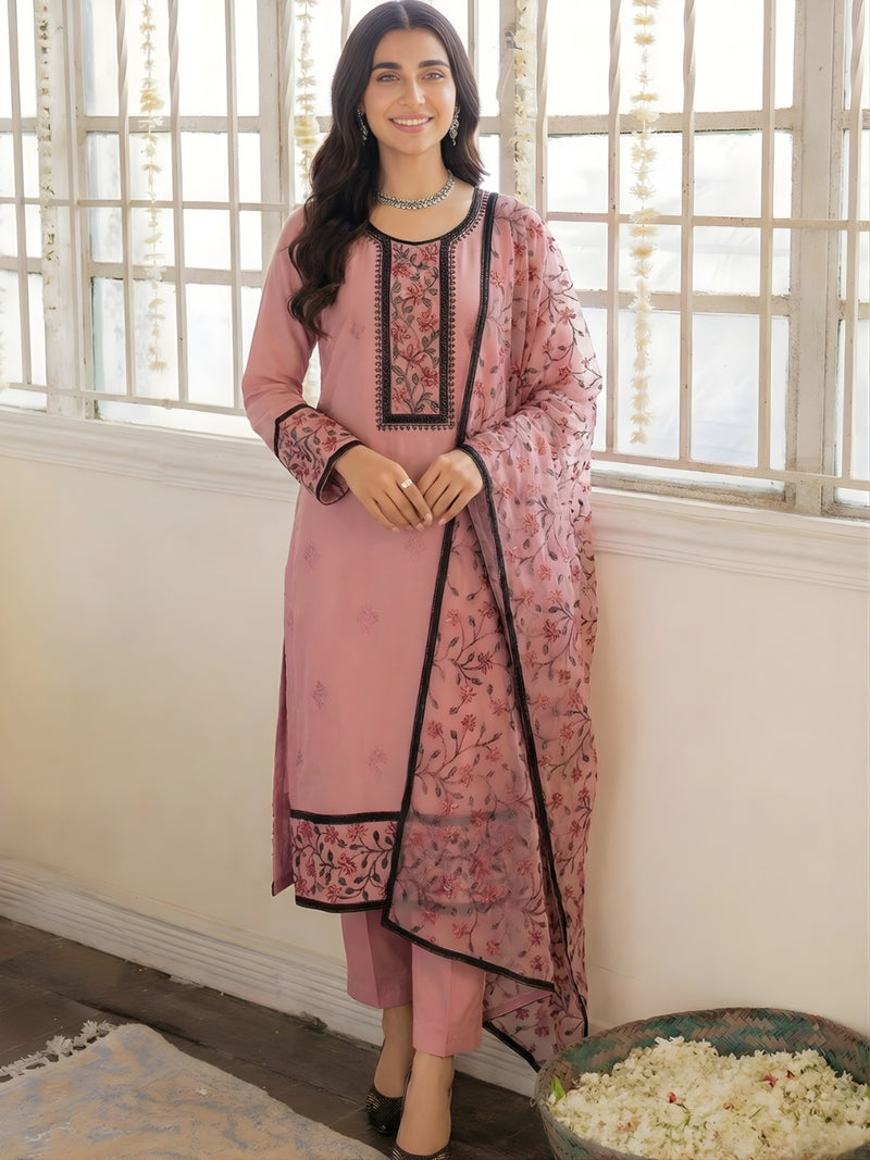 Dusty Rose Georgette Pant Suit with Multicolour Thread Embroidered Dupatta