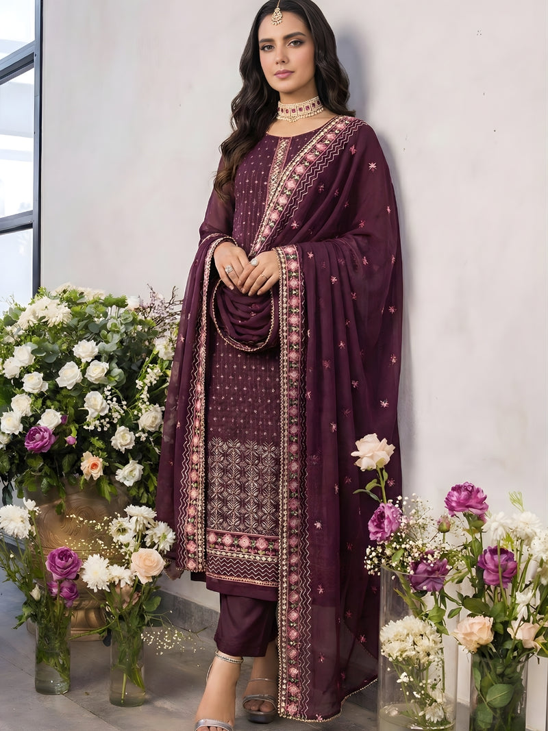 Wine Straight Embroidered Kurta Set
