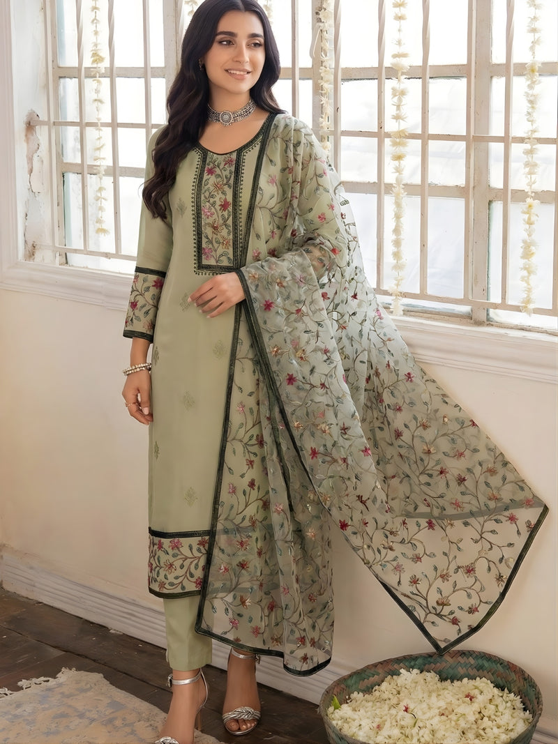 Sage Green Floral Embroidered Pant Style Kurta Set with Heavy Dupatta