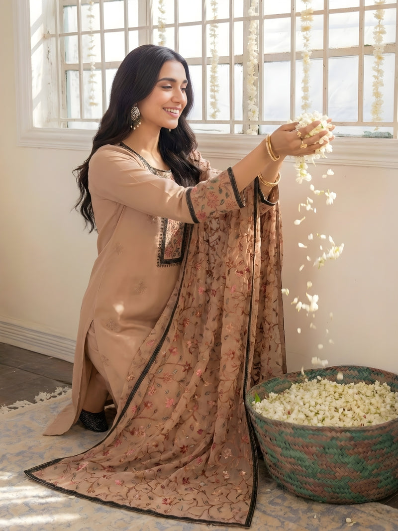 Dusty Rose Multicolour Thread Embroidered Georgette Pant Suit