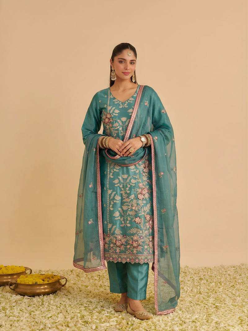 Zariya Teal Shimmer Silk Suit Set