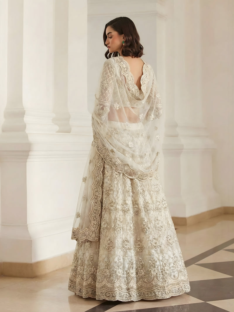 Ivory Color Heavy Embroidered Net Lehenga Choli With Dupatta