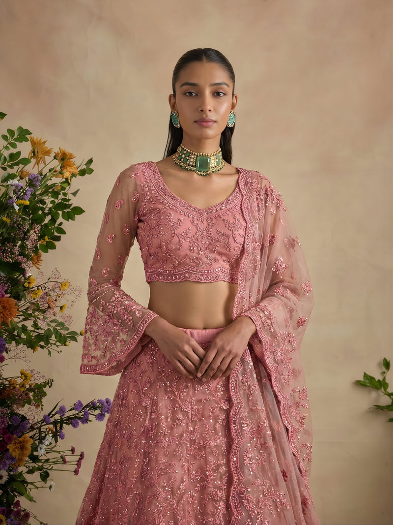 Gajri Color Heavy Embroidered Net Lehenga Choli With Dupatta