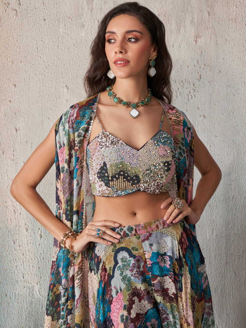 Elara Printed Chinnon Cape Sharara Set