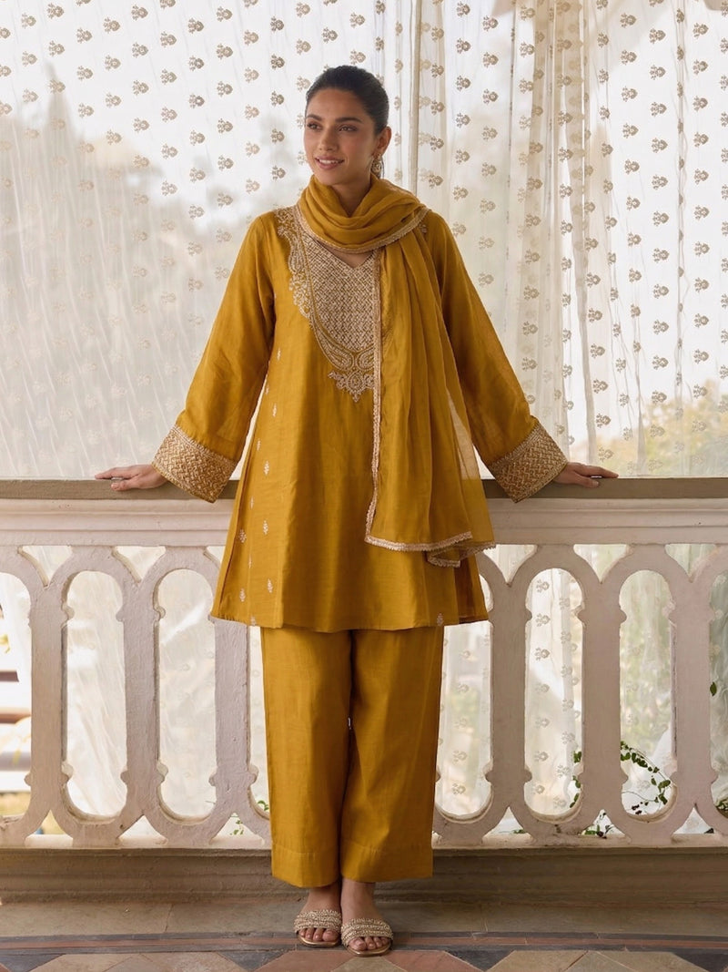 Nooré Mustard Gold Silk Suit Set