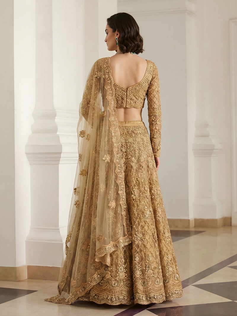 Golden Color Heavy Embroidered Net Lehenga Choli With Dupatta