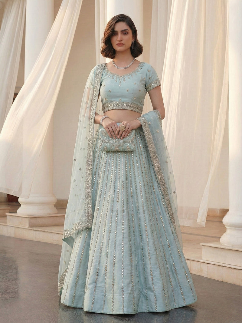 Soft Mint Mirror-Embellished Lehenga Set