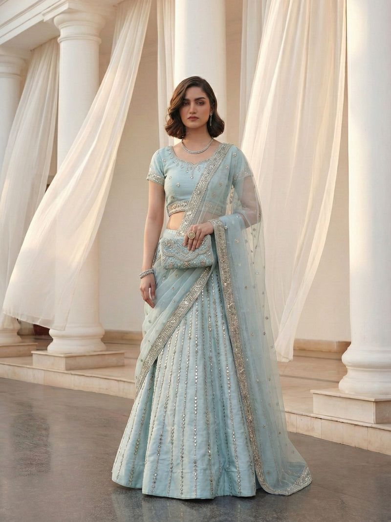 Soft Mint Mirror-Embellished Lehenga Set