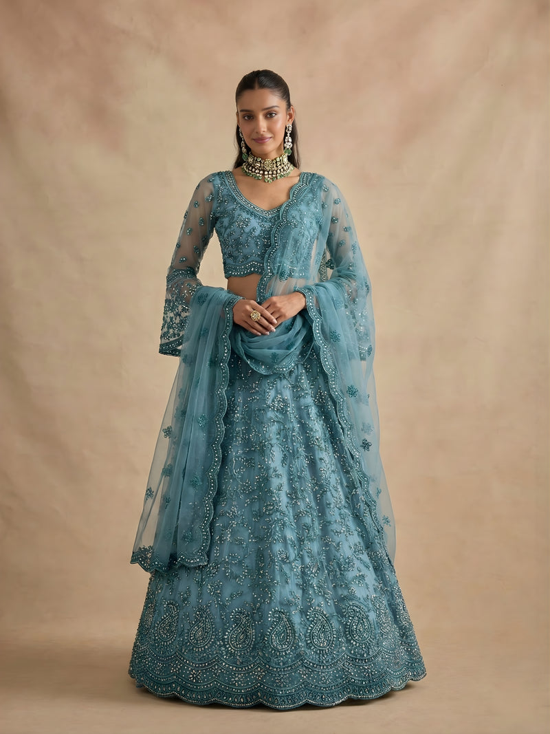 Sea Blue Color Heavy Embroidered Net Lehenga Choli With Dupatta