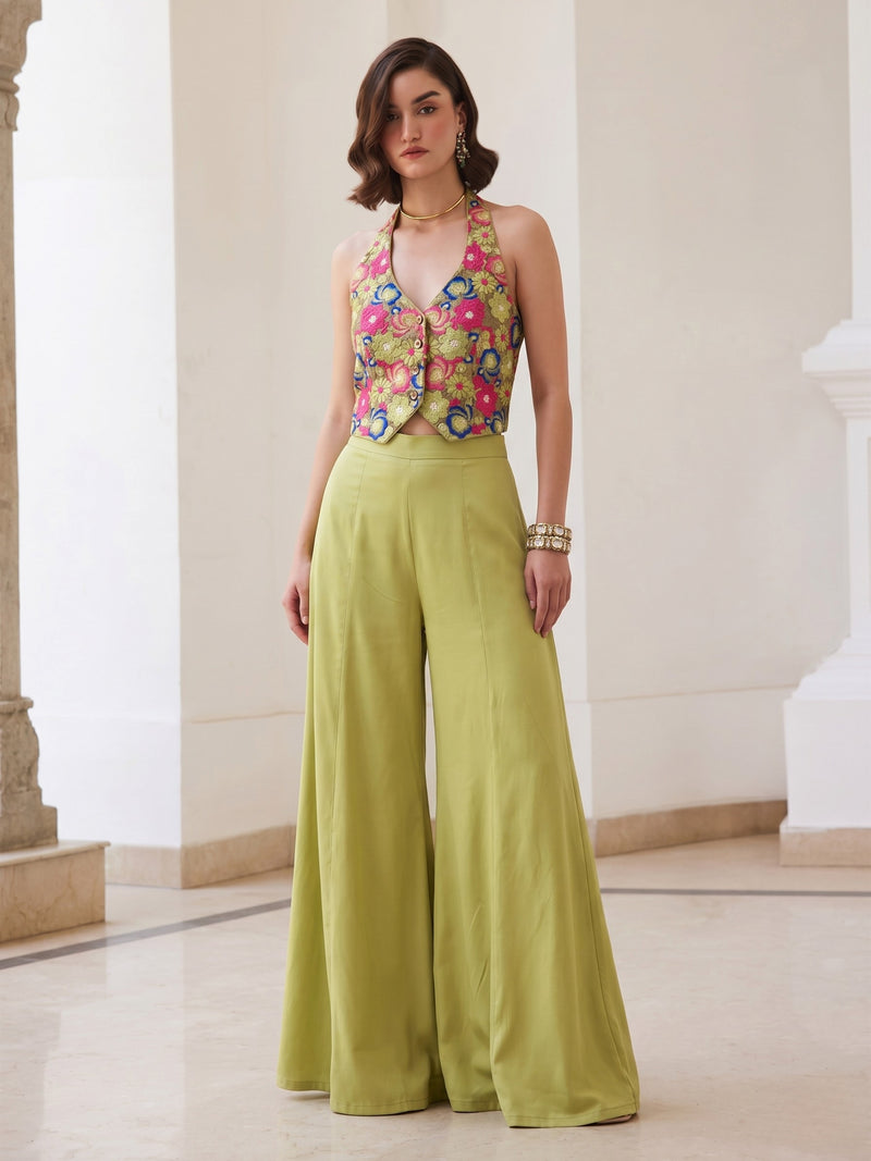 Olive Bloom Silk Palazzo Co-Ord Set