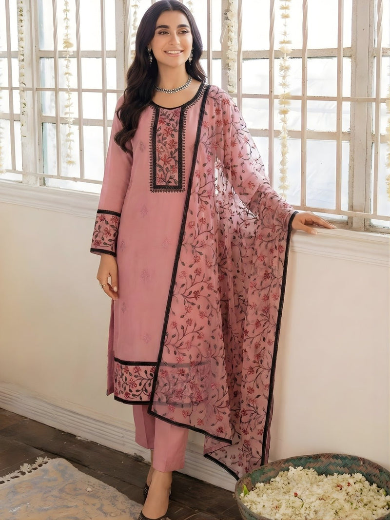 Dusty Rose Georgette Pant Suit with Multicolour Thread Embroidered Dupatta - Alizeh Official