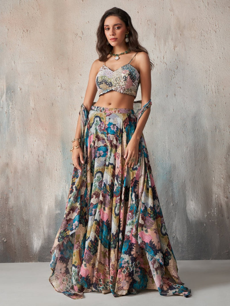 Elara Printed Chinnon Cape Sharara Set - Alizeh Official