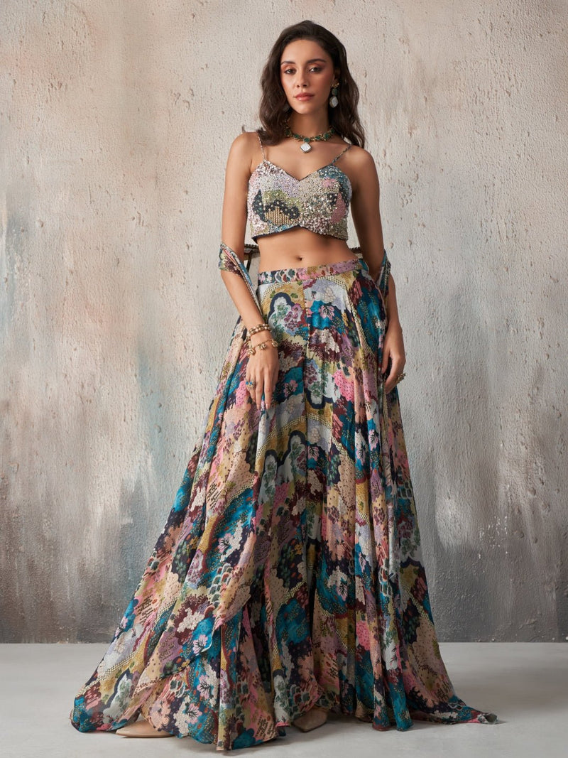 Elara Printed Chinnon Cape Sharara Set - Alizeh Official