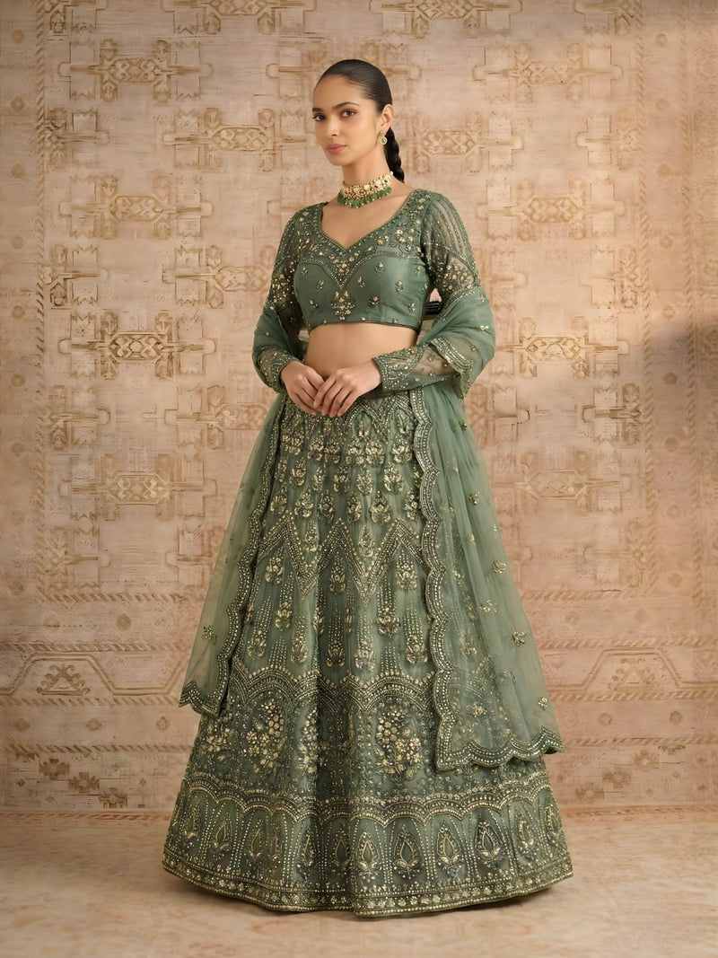 Zaria Emerald Embroidered Bridal Lehenga Set - Alizeh Official