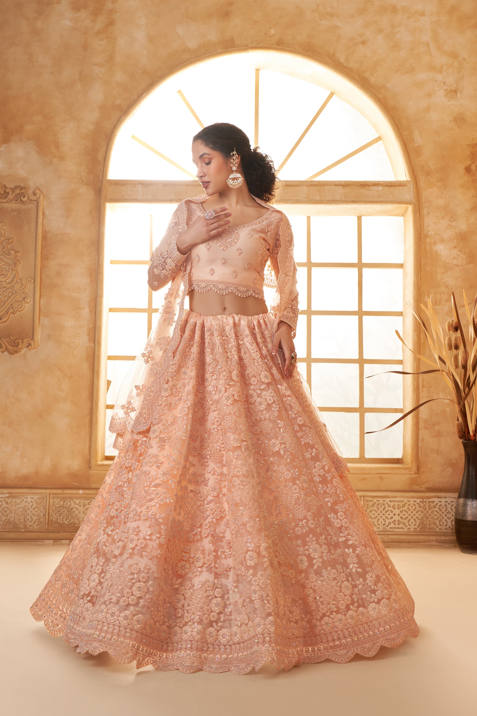 Peach Color Heavy Embroidered Net Lehenga Choli With Dupatta