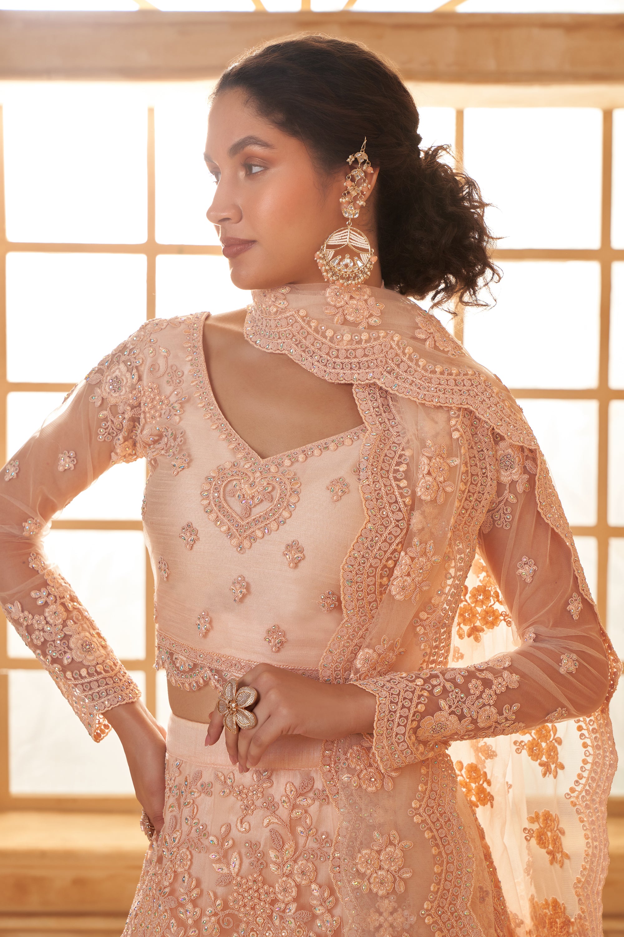 Peach Color Heavy Embroidered Net Lehenga Choli With Dupatta