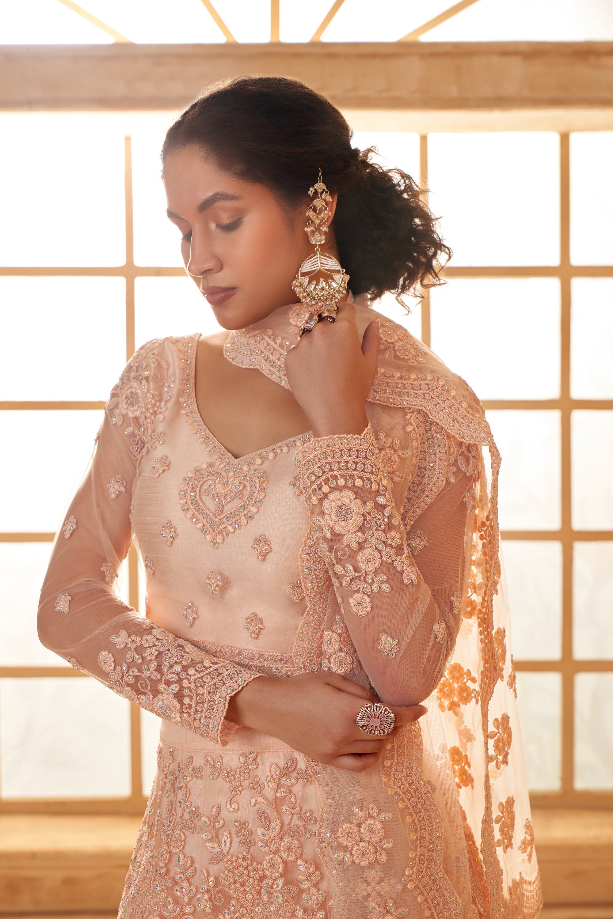 Peach Color Heavy Embroidered Net Lehenga Choli With Dupatta