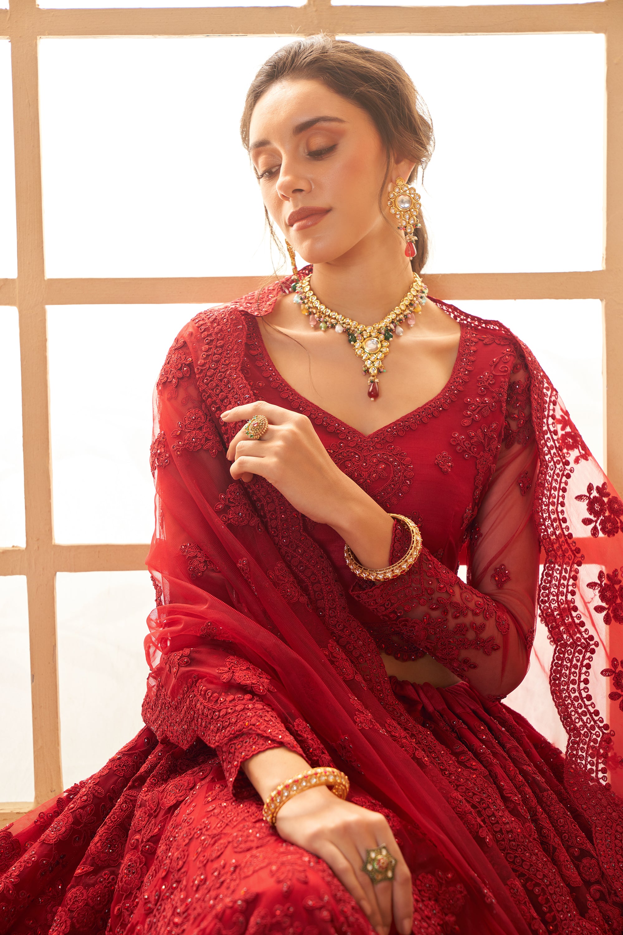 Red Color Heavy Embroidered Net Lehenga Choli With Dupatta