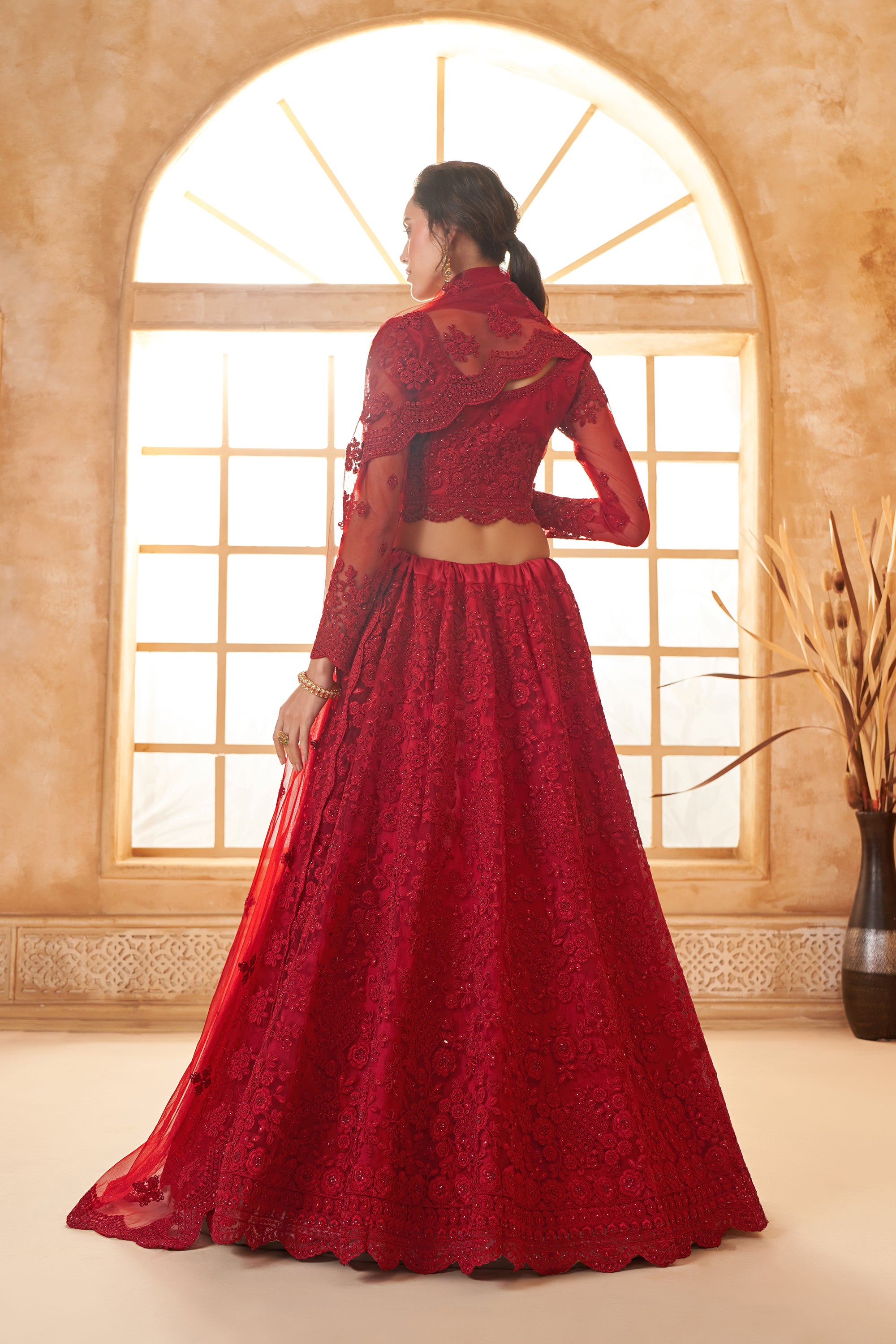 Red Color Heavy Embroidered Net Lehenga Choli With Dupatta