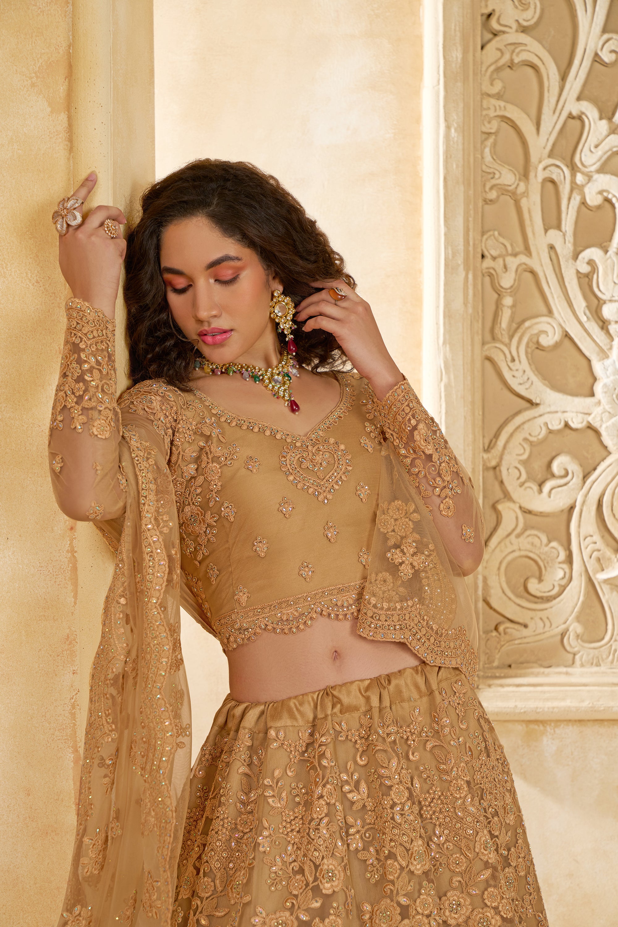 Golden Color Heavy Embroidered Net Lehenga Choli With Dupatta