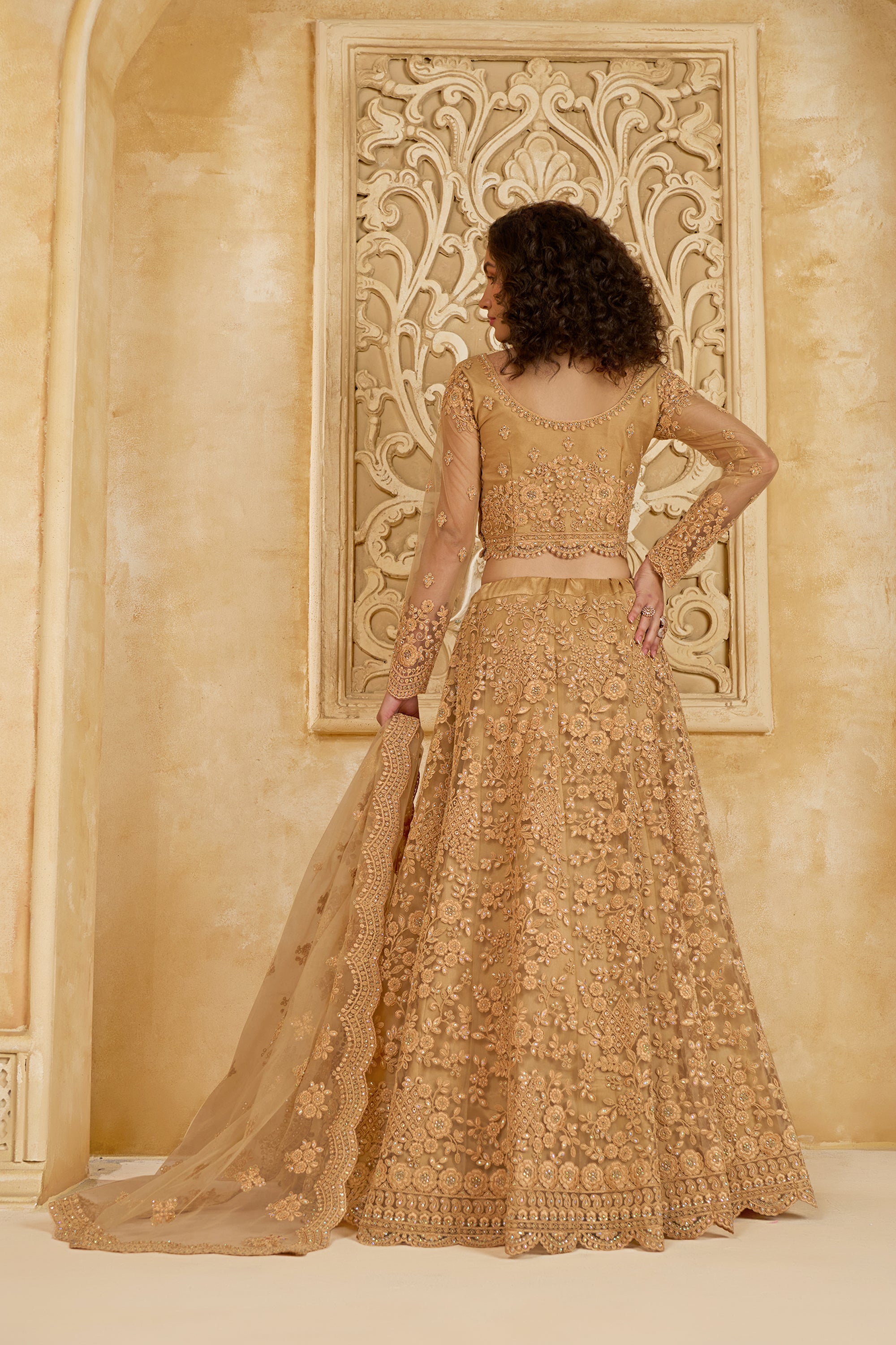 Golden Color Heavy Embroidered Net Lehenga Choli With Dupatta