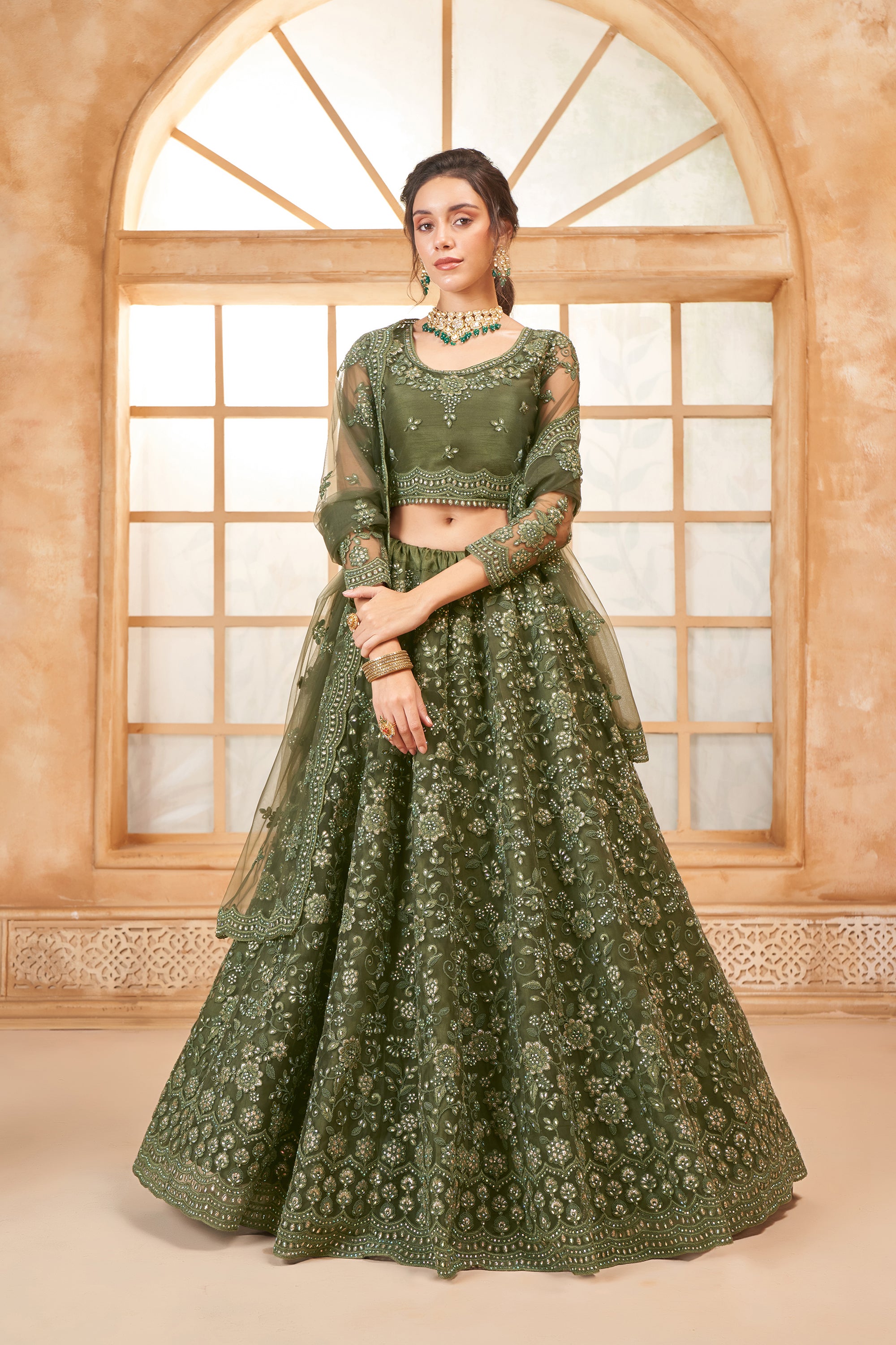 Olive Green Color Heavy Embroidered Net Lehenga Choli With Dupatta