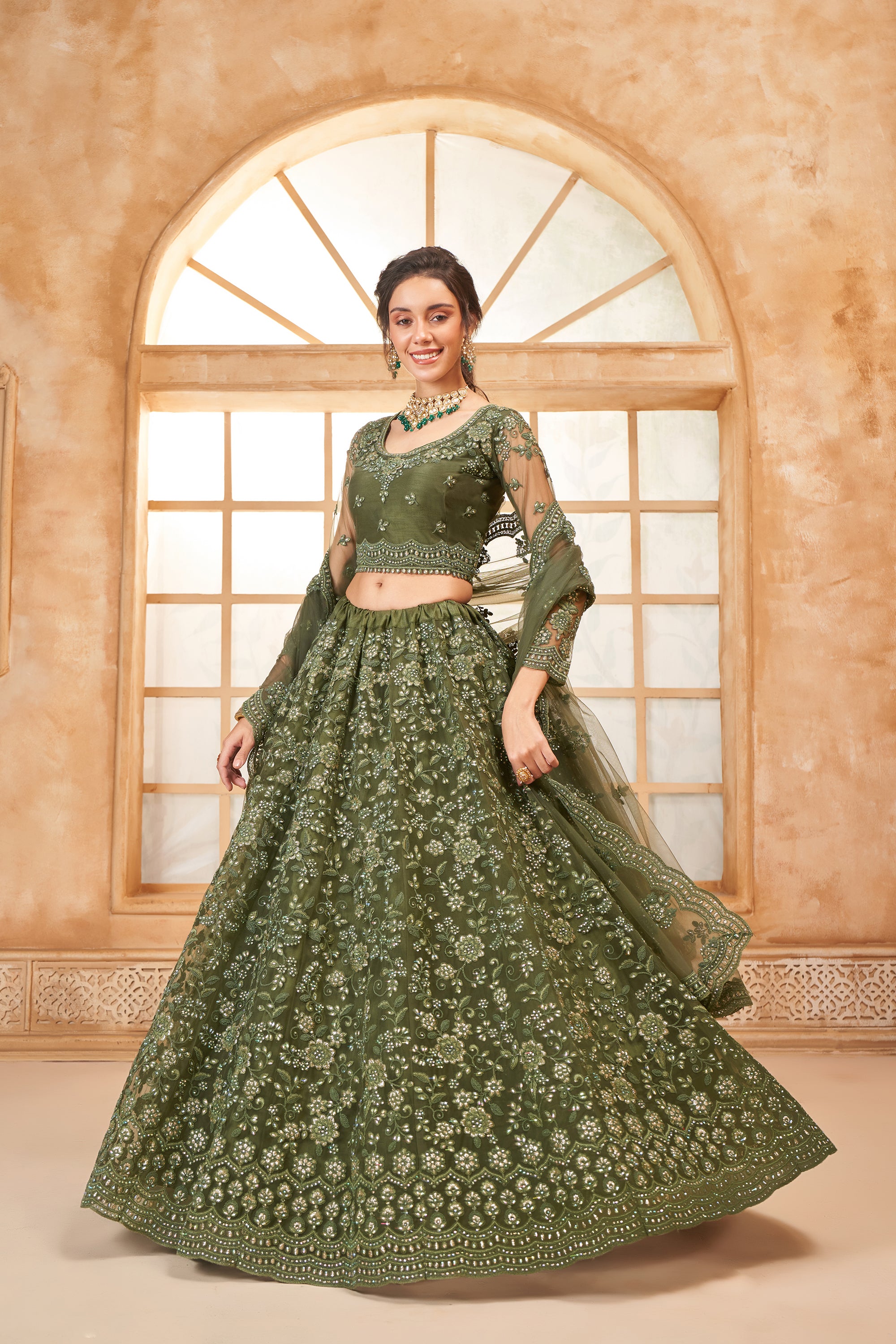 Olive Green Color Heavy Embroidered Net Lehenga Choli With Dupatta