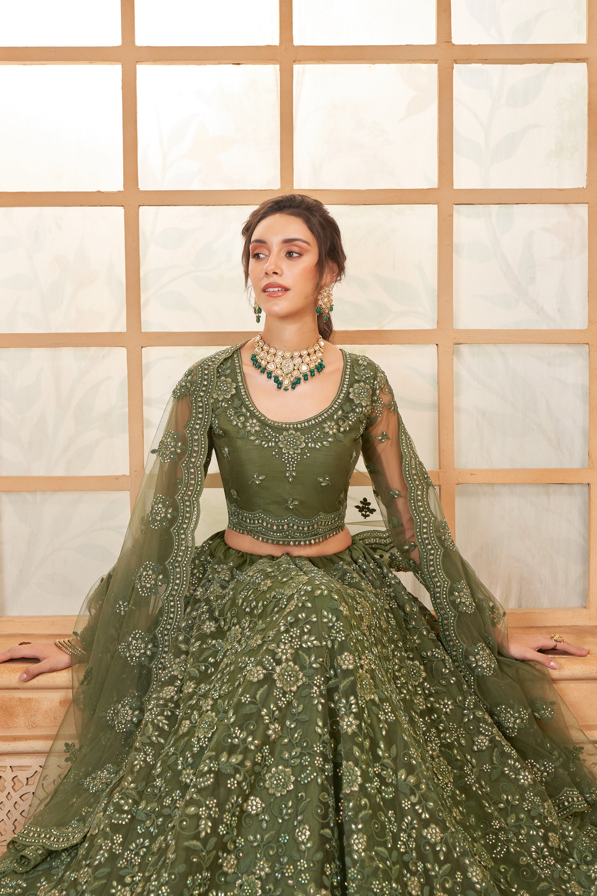 Olive Green Color Heavy Embroidered Net Lehenga Choli With Dupatta